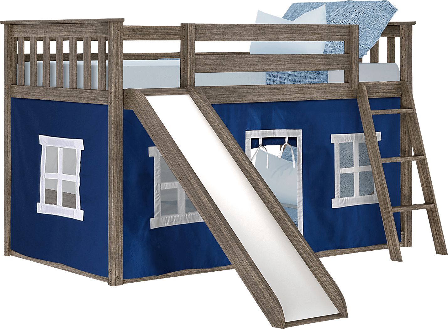 Rooms To Go Kids Abdiel Brown Twin/Twin Low Bunk Bed with Slide and Blue Tent
